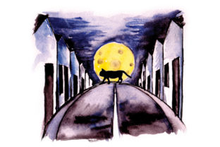Cat Crossing Street Watercolor for Halloween Crafts