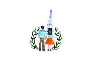Couple at Eiffel Tower: Watercolor Valentineβs Day