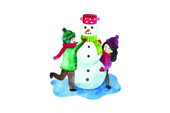 Kids Building Snowman: Winter Watercolor Asset
