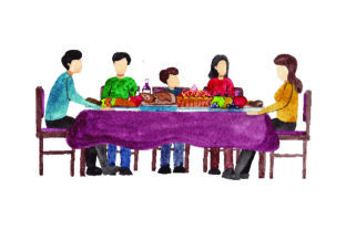 Long Table with Family Feasting - Watercolor for Thanksgiving