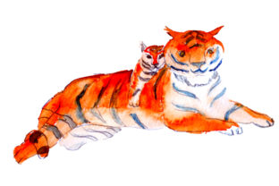 Mom and Baby Tigers Watercolor: Animals Art