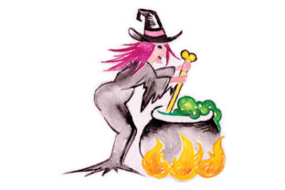 Witch Stirring Cauldron in Watercolor for Halloween Crafts